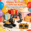 Larger 1/18 scale remote control alloy excavator toy by Everything Baby, with unlimited rotation and realistic engineering details.