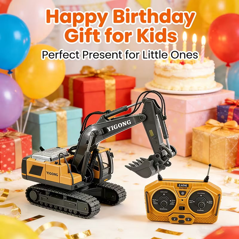Larger 1/18 scale remote control alloy excavator toy by Everything Baby, with unlimited rotation and realistic engineering details.