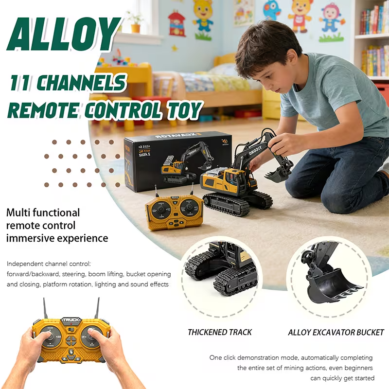 1/18 scale remote control excavator toy by Everything Baby, alloy construction with unlimited rotation for kids' outdoor play.