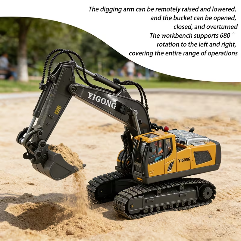 1/18 scale remote control excavator toy by Everything Baby, alloy construction, large size, with unlimited rotation for kids outdoor play.