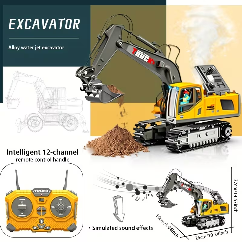 Remote control 1/18 scale alloy excavator toy by Everything Baby, featuring unlimited rotation and realistic engineering details.