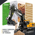 Larger 1/18 scale remote control alloy excavator toy by Everything Baby, with realistic details and 360-degree rotation for kids outdoor play