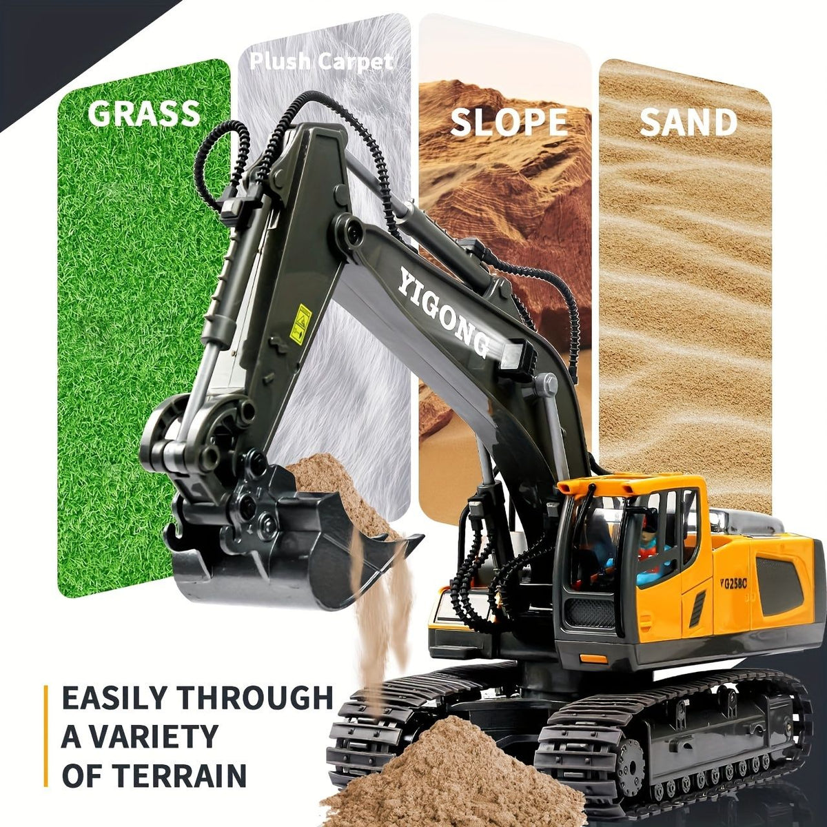 Larger 1/18 scale remote control alloy excavator toy by Everything Baby, with realistic details and 360-degree rotation for kids outdoor play