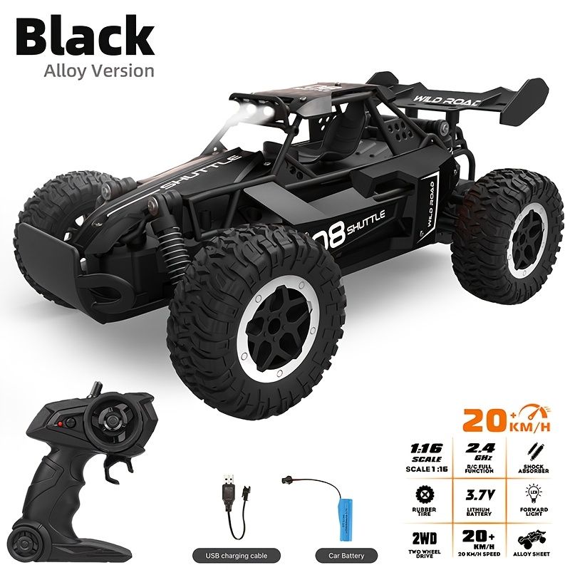 All terrain electric toy car by Everything Baby, 1:16 scale off-road R/C model with headlights and shock absorbers for kids over 3 years.