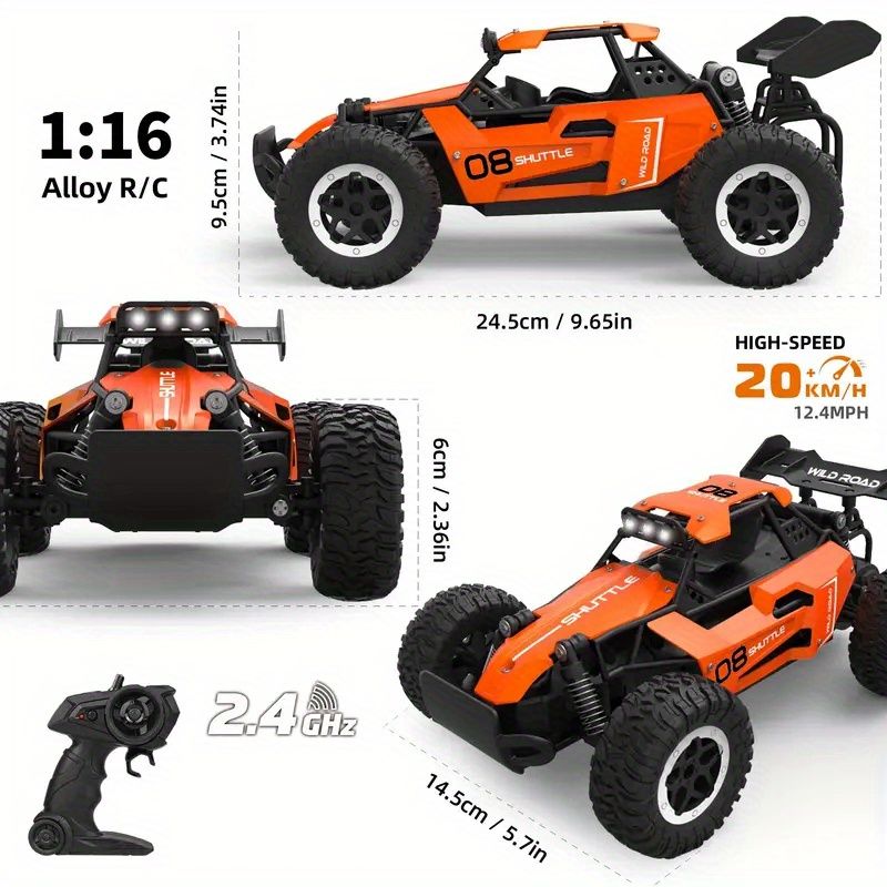 All terrain electric toy car by Everything Baby, 1:16 scale off-road R/C car with headlights and shock absorbers for kids over 3 years.