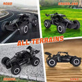 All terrain electric toy car by Everything Baby, 1:16 scale off-road model with headlights and shock absorbers for kids over 3 years old.