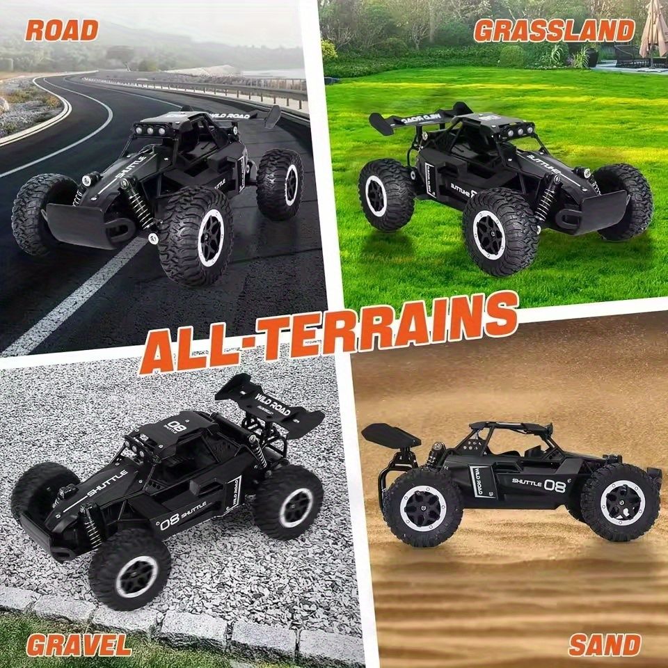 All terrain electric toy car by Everything Baby, 1:16 scale off-road model with headlights and shock absorbers for kids over 3 years old.
