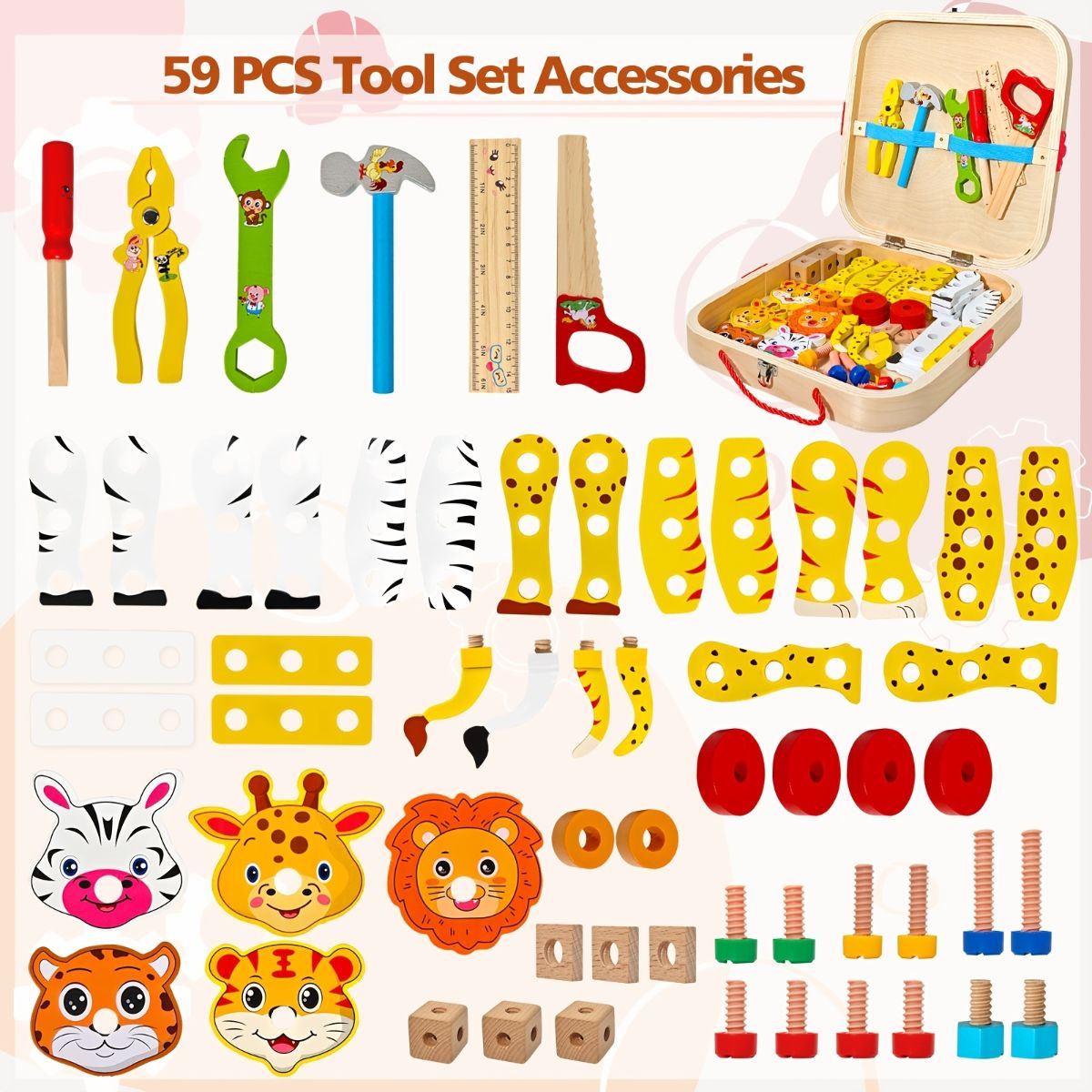 Wooden animal building toy for kids, educational preschool construction set with non-toxic wooden pieces for creative play.