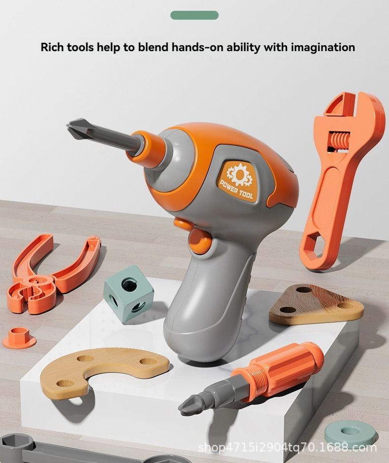 Wooden building set with electric drill toy for kids, includes 119 pieces for creative construction and hand-eye coordination.