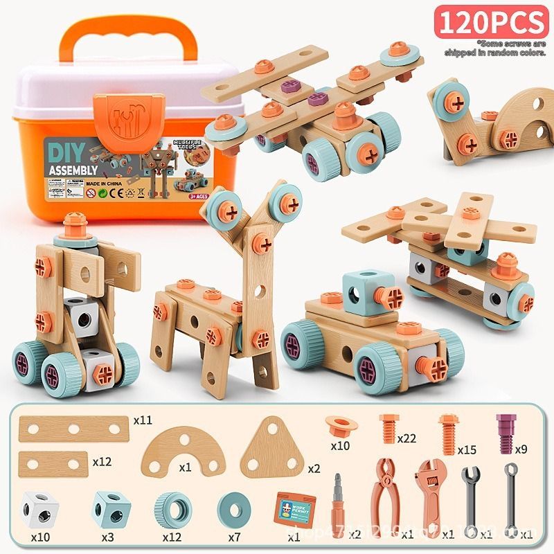Wooden building set with electric drill toy for kids, including 123 pieces for educational construction and creative play.