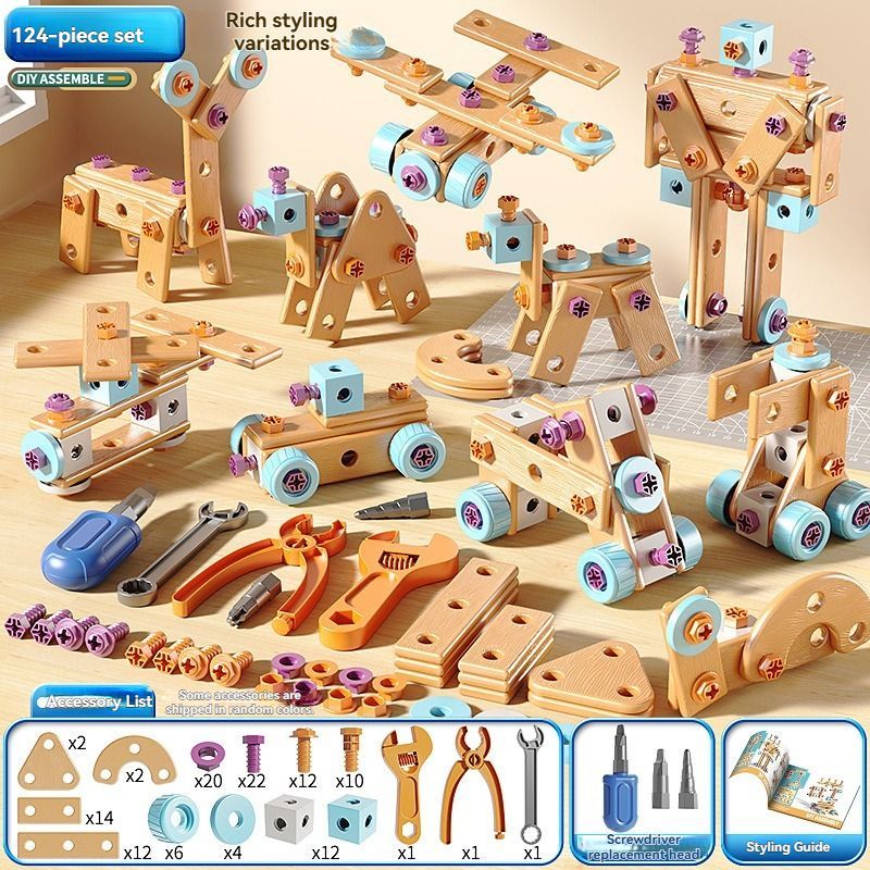 Wooden building set with electric drill toy for kids, educational construction toy, 144-piece creative puzzle kit by Everything Baby.