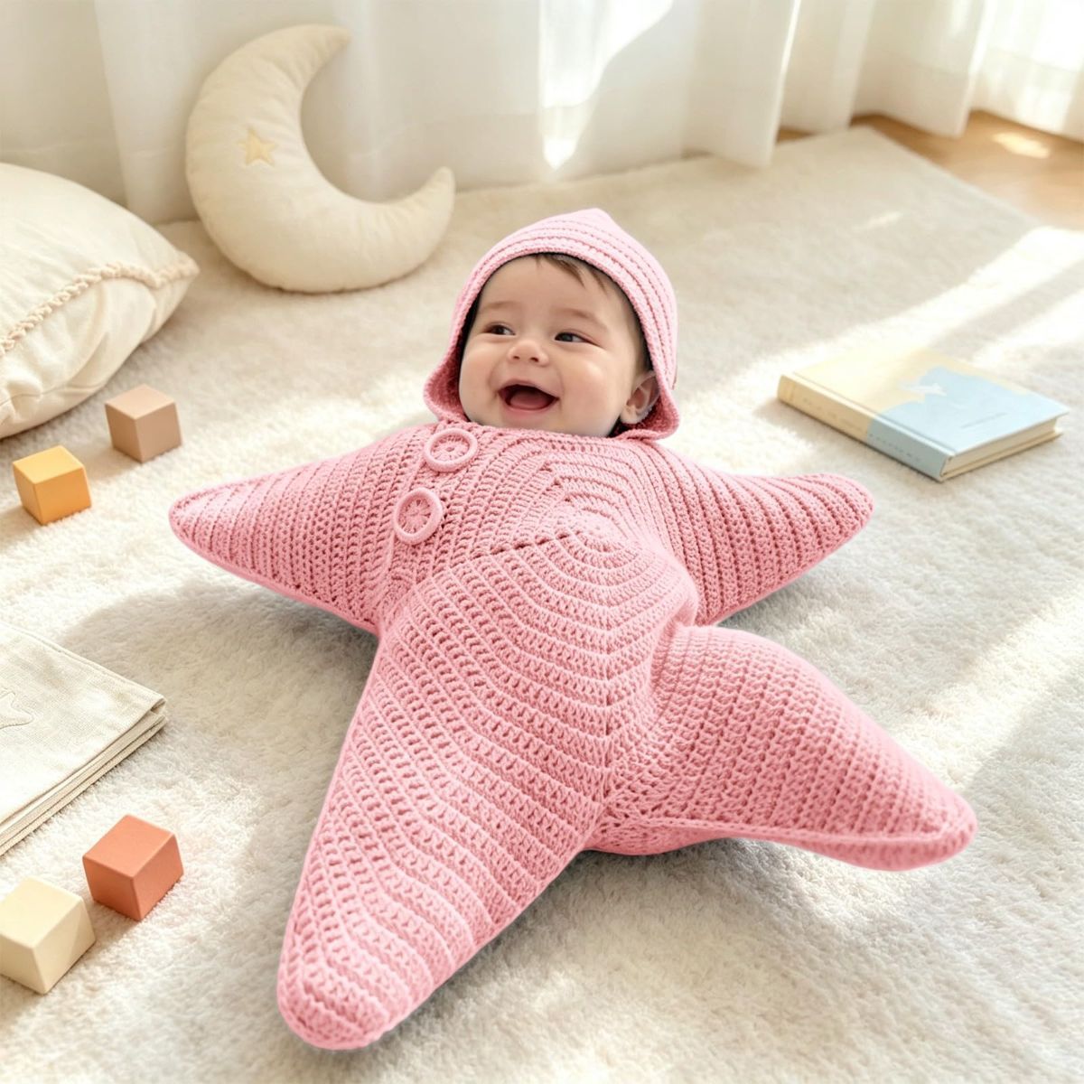 Pink and green baby starfish onesie with snowman and Santa crochet design, fleece knit wearable blanket for newborns, 80cm size.
