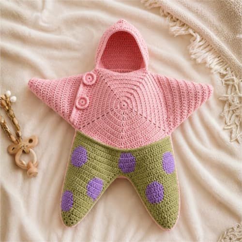 Pink baby starfish onesie with snowman and Santa crochet design, soft fleece fabric, perfect for Christmas and holiday dress-up.