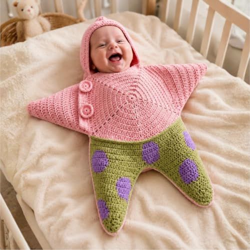 Purple baby starfish onesie wearable blanket with snowman and Santa crochet design, soft fleece knit for newborns, 80cm size.