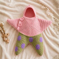 Purple baby starfish onesie with snowman and Santa crochet design, soft fleece fabric, ideal for Christmas and holiday wear.