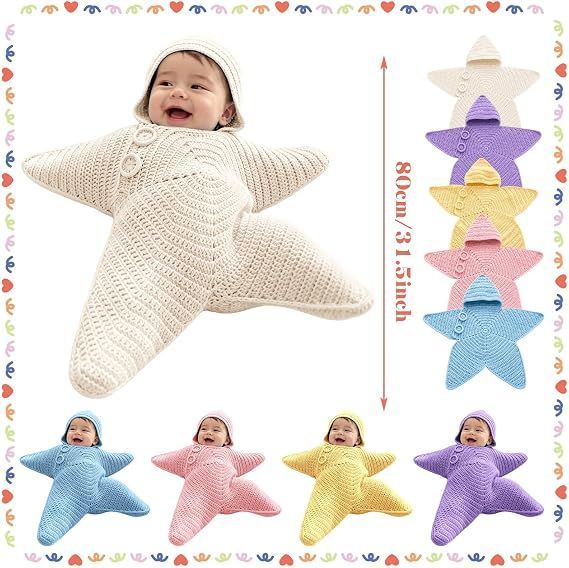 Purple baby starfish onesie wearable blanket with snowman and Santa crochet design, soft fleece for newborns, size 80cm.