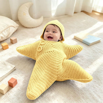 Yellow baby starfish onesie wearable blanket with snowman and Santa crochet design, soft fleece fabric for newborns, 80cm size.