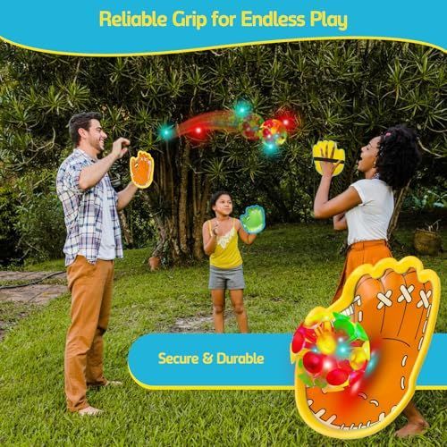 LED Toss and Catch Ball Game Set with LED and regular balls, suction cups, and easy-grip gloves for kids’ outdoor play and beach fun.