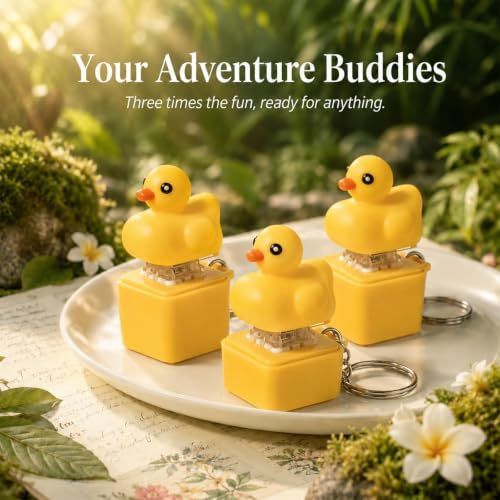 Four duck-themed button keychain fidget toys with LED lights, designed for stress relief, sensory play, and fun office pranks.