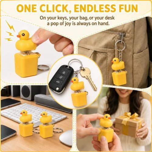 Four duck-themed finger clicker keychains with LED lights, designed for stress relief and sensory play, suitable for kids and adults.