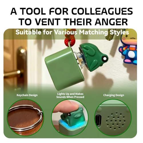 Four rechargeable frog keychains with LED lights, keyboard clicker fidget toys for stress relief and sensory play.
