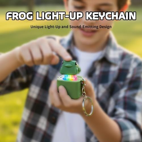Four frog-themed rechargeable keychains with LED lights, keyboard clicker, and sensory fidget toys for stress relief and anxiety.