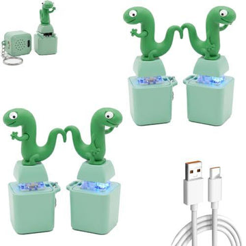 Four lizard button keychains with light-up and sound features, colorful keyboard fidget toys for kids' sensory and stress relief.