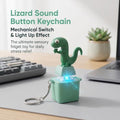 Four lizard-shaped button keychains with sound and light features, designed as sensory fidget toys for kids from Everything Baby.
