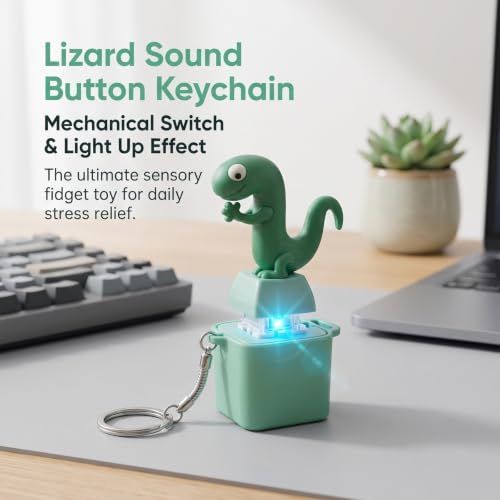 Four lizard-shaped button keychains with sound and light features, designed as sensory fidget toys for kids from Everything Baby.