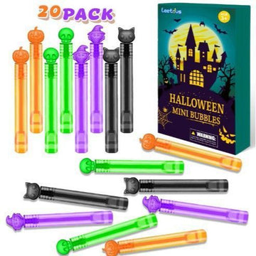 Set of 20 Halloween non-candy treat toys for toddlers including mini bubble wands and small pretend play prizes for kids.