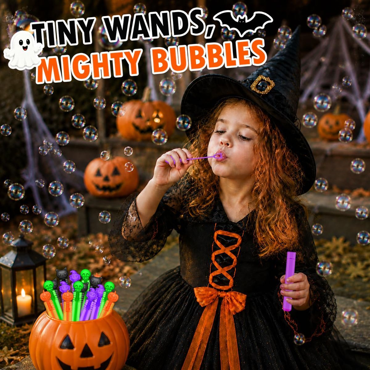 Mini bubble wands and Halloween treat toys for toddlers, colorful pretend play toys for kids' Halloween or birthday party baskets.