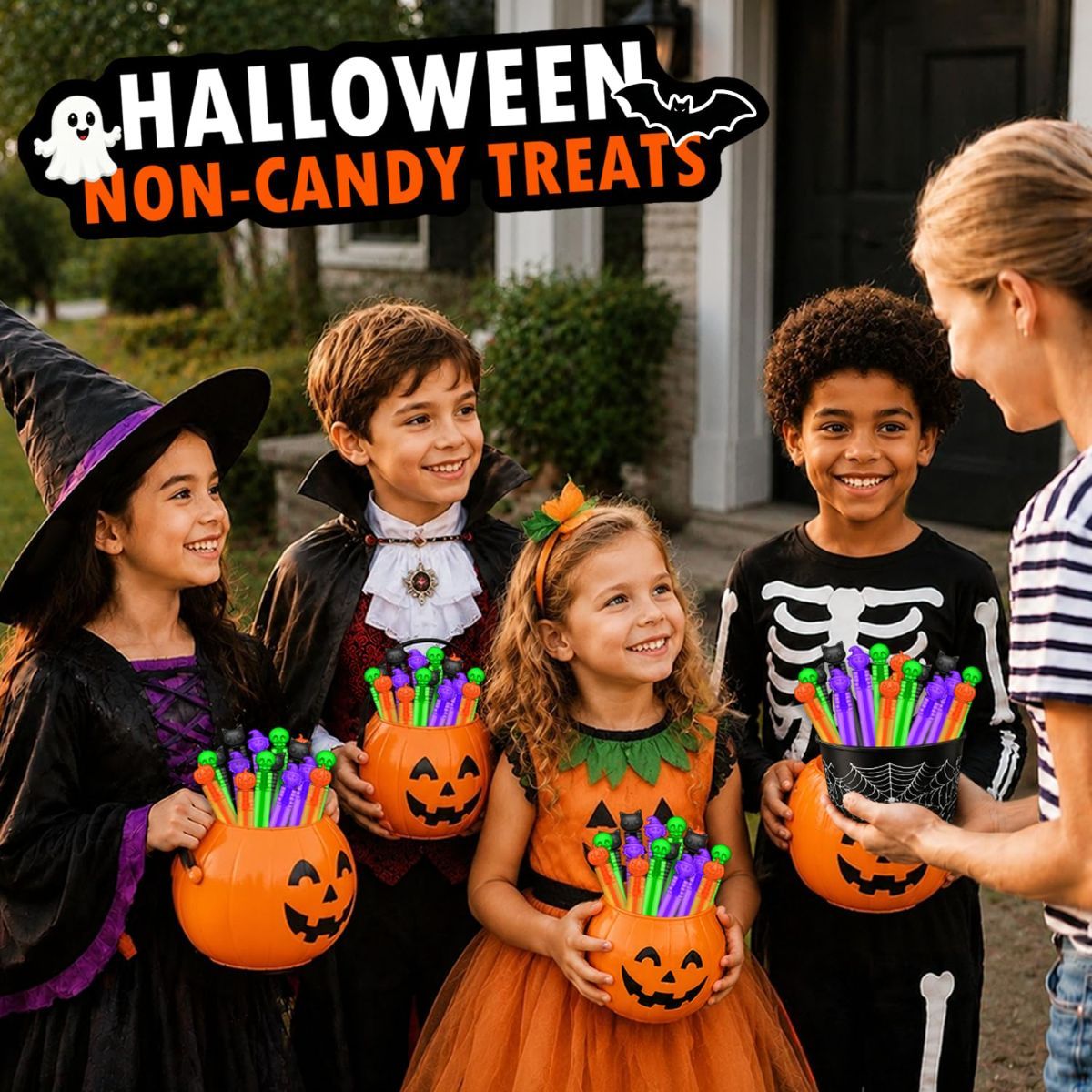 Mini bubble wands and Halloween treats for toddlers, colorful toys for kids' party favors and classroom gift bags.