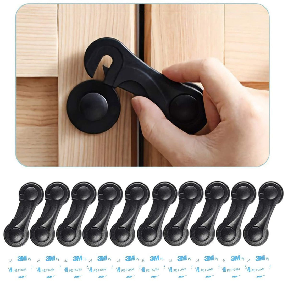 Set of 10 transparent child safety cabinet locks with extra adhesives, for baby proofing drawers, fridge, toilet, and closet doors.