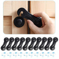 Set of 10 transparent child safety cabinet locks with extra adhesives, for baby proofing drawers, fridge, toilet, and closet doors.