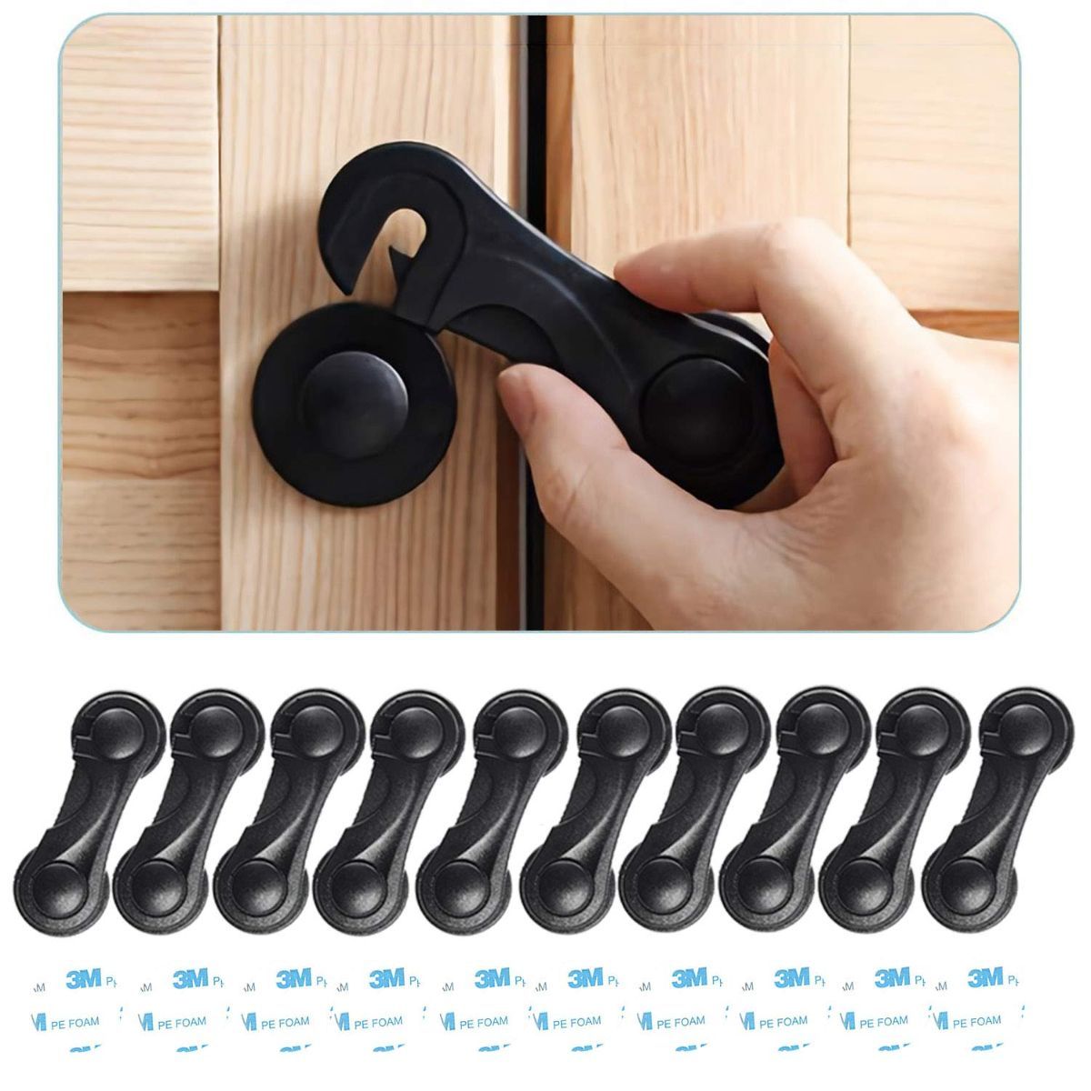 Set of 10 transparent child safety cabinet locks with extra adhesives, for baby proofing drawers, fridge, toilet, and closet doors.