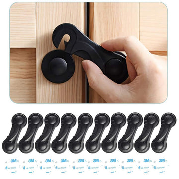 Set of 10 transparent child safety cabinet locks with extra adhesives, for baby proofing drawers, fridge, toilet, and closet doors.
