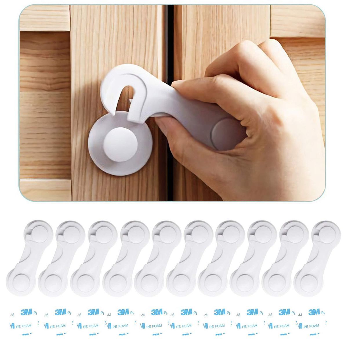 10-pack black child safety cabinet locks with extra adhesives, perfect for baby-proofing cabinets, drawers, toilets, and appliances.