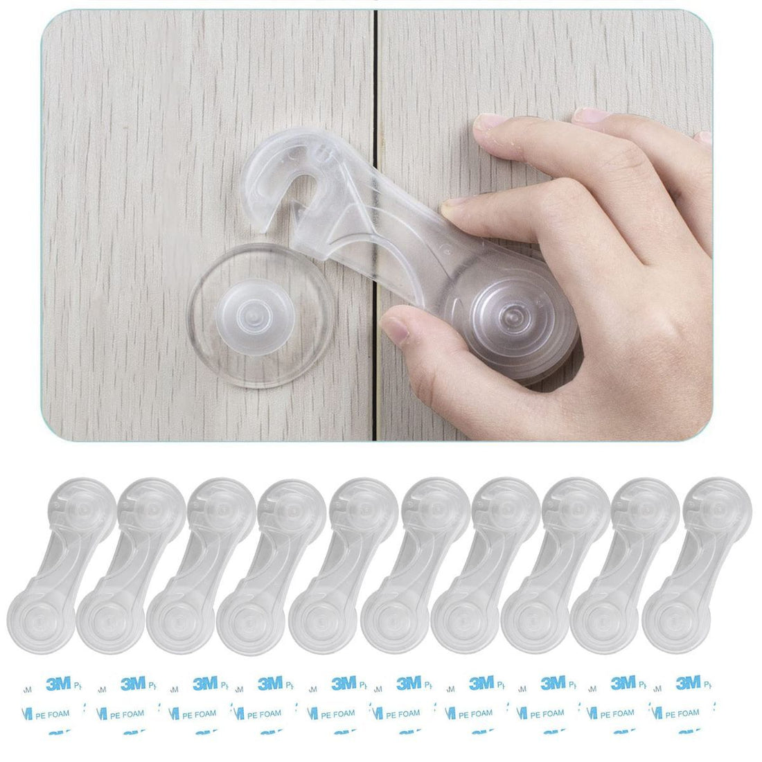 Ten transparent child safety cabinet locks with extra adhesives, ideal for baby proofing drawers, toilets, fridges, and closets.