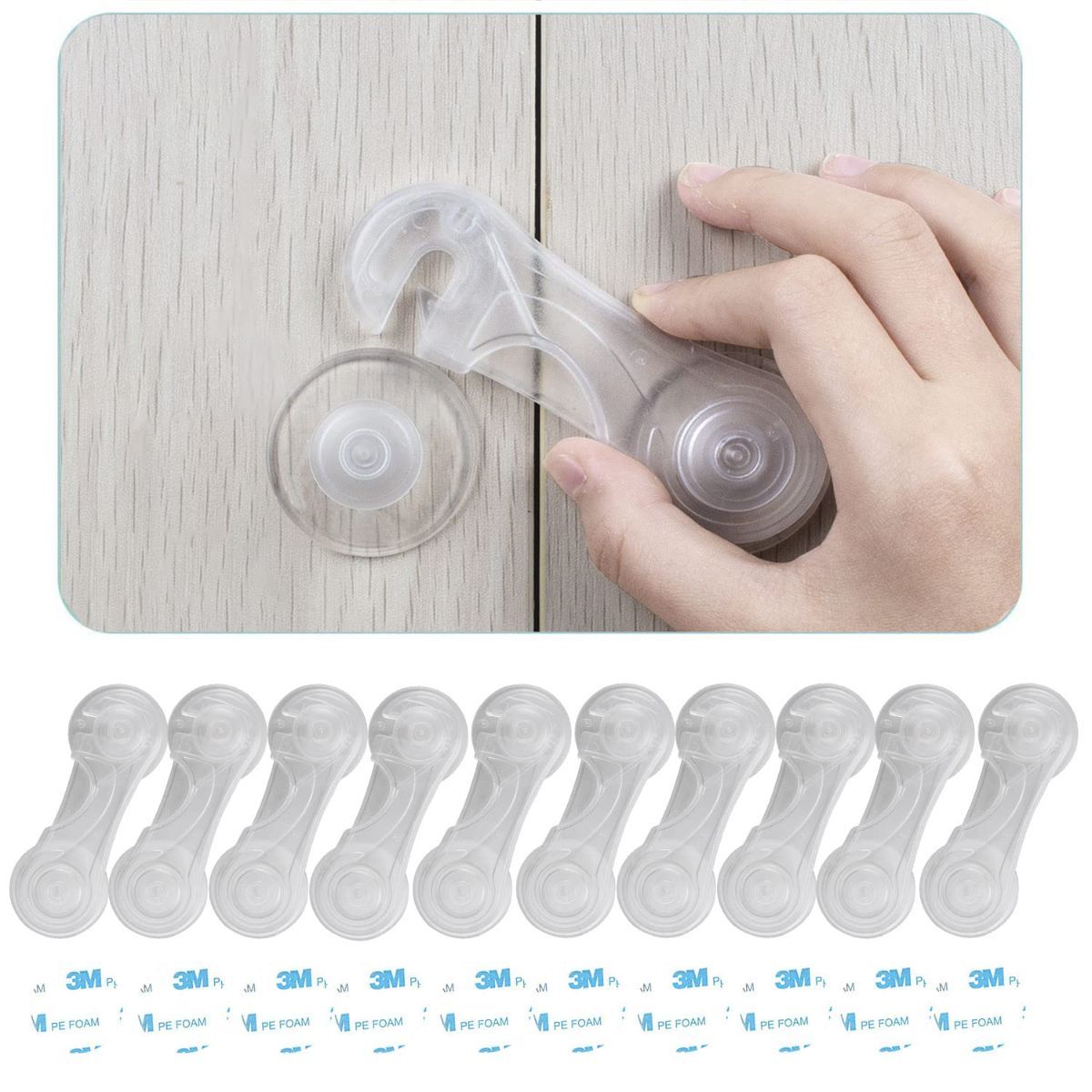 Ten transparent child safety cabinet locks with extra adhesives, ideal for baby proofing drawers, toilets, fridges, and closets.