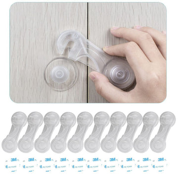 Ten transparent child safety cabinet locks with extra adhesives, ideal for baby proofing drawers, toilets, fridges, and closets.