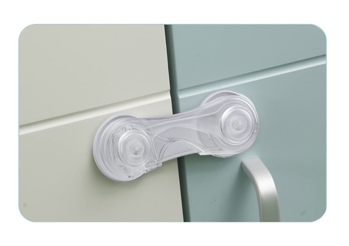 10-pack transparent child safety cabinet locks with extra adhesives, suitable for baby proofing drawers, fridges, toilets, and cabinets.