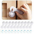10-pack transparent child safety cabinet locks with extra adhesives, ideal for baby-proofing drawers, fridges, toilets, and cabinets.
