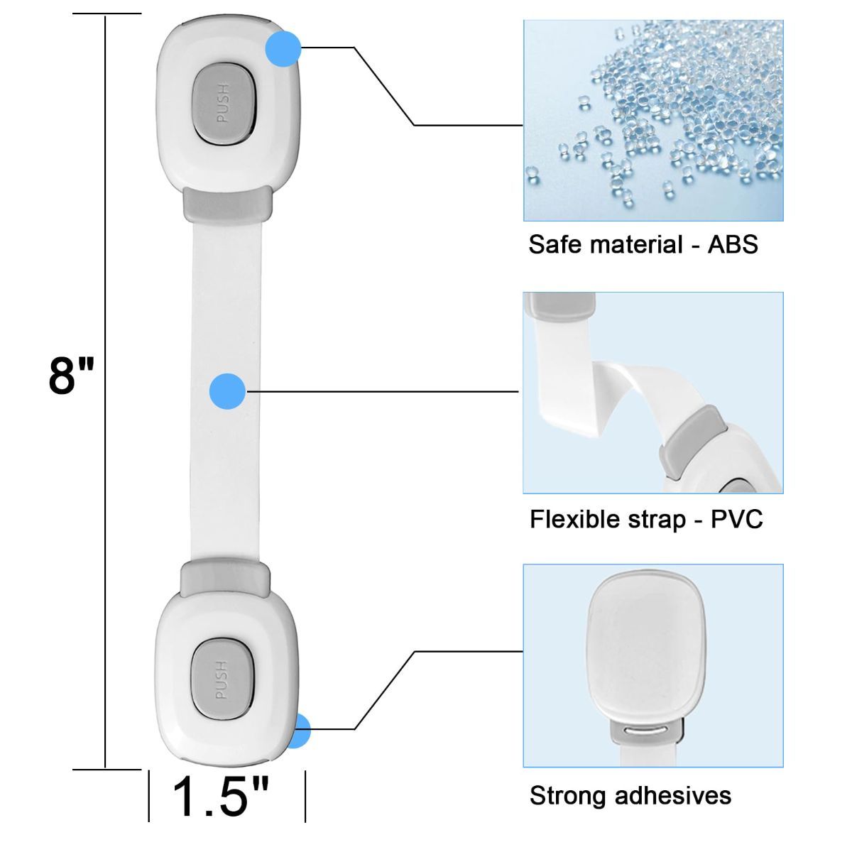 Gray 2-pack child safety cabinet lock set with adhesive straps, designed to secure cabinets, drawers, fridge, oven, and toilet doors.