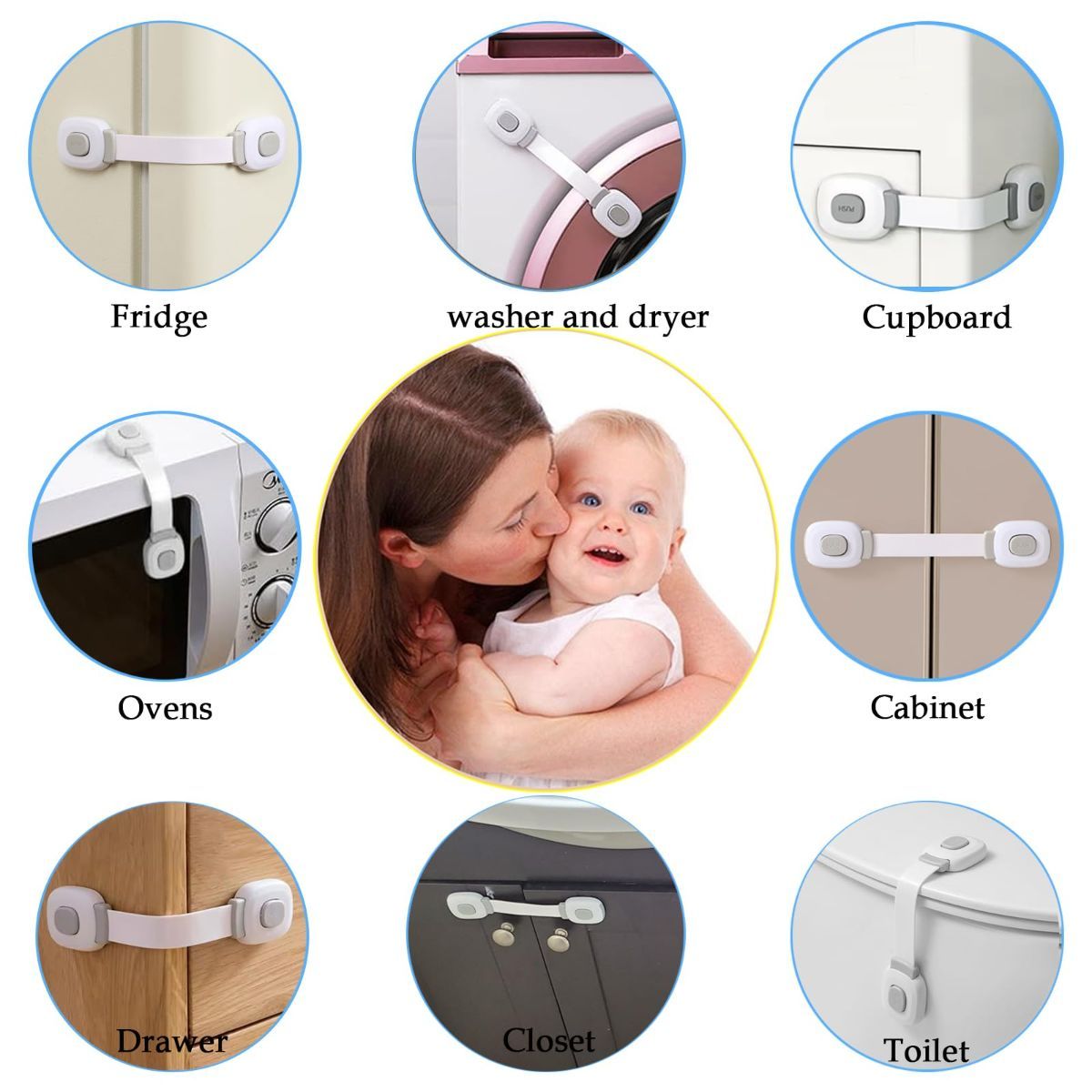 Gray 2-pack child safety cabinet locks from Everything Baby, adhesive latch straps for drawers, fridges, ovens, and toilets.