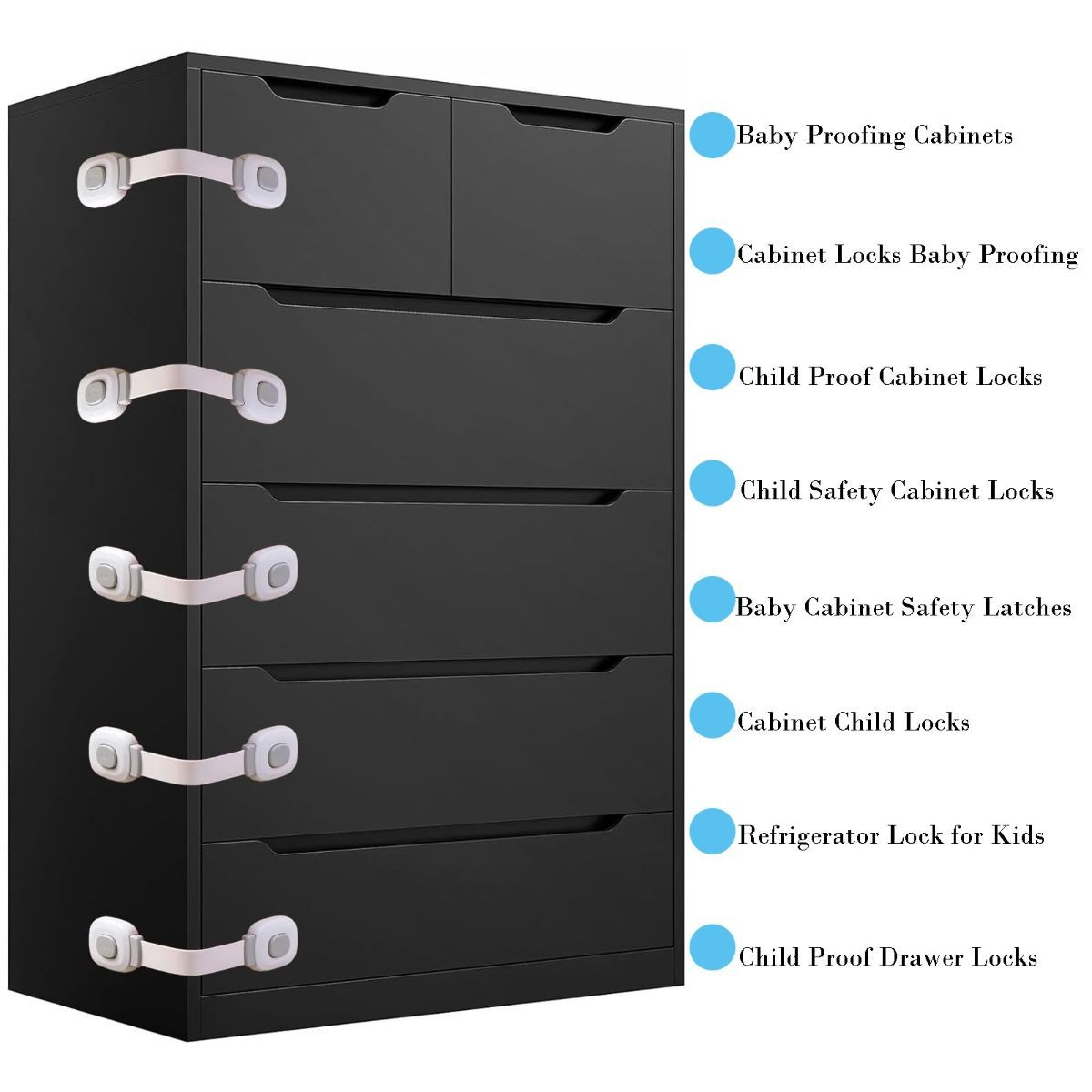Gray 2-pack child safety cabinet locks and drawer latches from Everything Baby, designed to secure furniture and appliances without drilling.