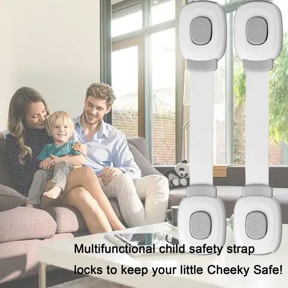 Gray 2-pack child safety cabinet lock set with adhesive straps for furniture, fridge, oven, and toilet door security.