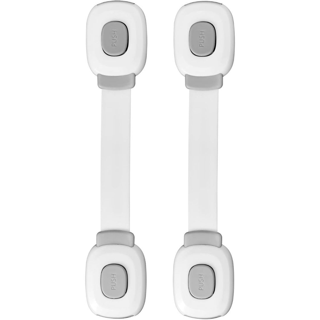 Gray 4-pack child safety cabinet locks from Everything Baby, adhesive straps for drawers, fridges, and doors, no drill needed.