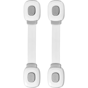 Gray 4-pack child safety cabinet locks from Everything Baby, adhesive straps for drawers, fridges, and doors, no drill needed.
