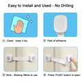 Four gray child safety cabinet locks by Everything Baby, adhesive straps for drawers, fridges, ovens, and doors, no drill needed.
