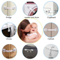 Gray 4-pack baby safety cabinet locks from Everything Baby, adhesive child-proof straps for drawers, fridge, oven, and furniture.